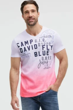 T-Shirt V-Neck Dip Dye mit Prints neon pink