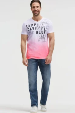 T-Shirt V-Neck Dip Dye mit Prints neon pink