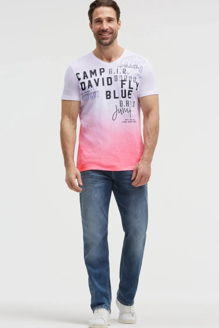 T-Shirt V-Neck Dip Dye mit Prints neon pink