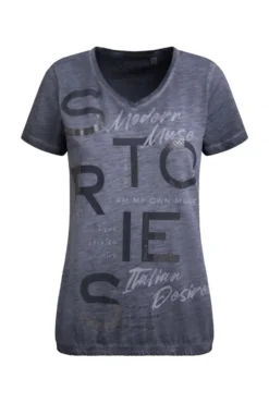 T-Shirt V-Neck mit Folienprint und Elastiksaum blue grey