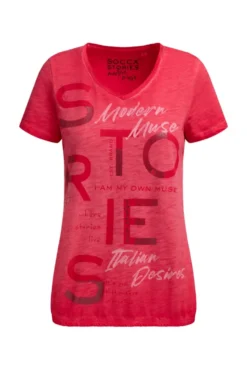 T-Shirt V-Neck mit Folienprint und Elastiksaum red orange