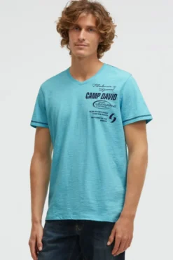 T-Shirt V-Neck mit Slub Stripes und Prints aqua