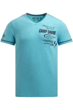 T-Shirt V-Neck mit Slub Stripes und Prints aqua